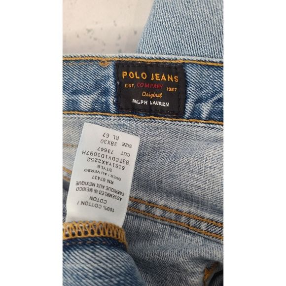 Polo Jeans 38 x 30 Straight Leg Ralph Lauren Light Blue Distressed Denim Hemmed - Picture 9 of 9